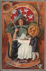 Halloween. Witch, black cat, and pumpkin-headed boy Postcard