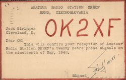 OK2XF - Confirming Reception to Jack Siringer, Cleveland Ohio, 1948 Postcard