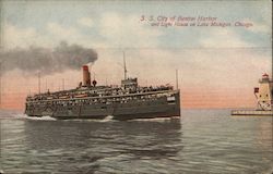 S.S. City of Benton Harbor and Light House on Lake Michigan Postcard