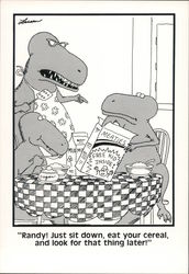 Dinosaur Breakfast - Meaties Cereal, Free Kid Inside, Gary Larson Postcard Postcard Postcard