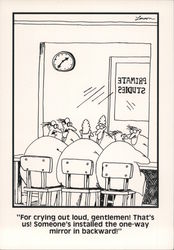 Primate Studies One Way Mirror Fail - The Far Side Postcard
