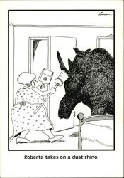 Roberta takes on a dust rhino. Gary Larson Postcard Postcard Postcard