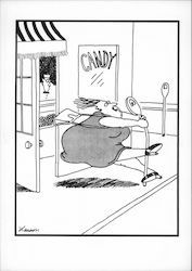 Large Woman Trying to Resist a Candy Store - The Far Side Postcard