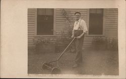 Man With Mutton Chops, Suspenders, Reel Lawnmower Postcard