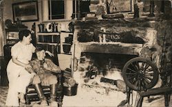 Couple in Rustic Home, Spinning Wheel, Fireplace Postcard