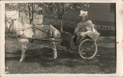 Wicker Goat Cart, Girl with White Bow & Baby Sister Postcard