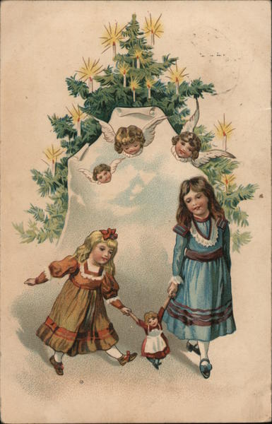 Two Girls With a Doll, Christmas Tree With Candles, Angels