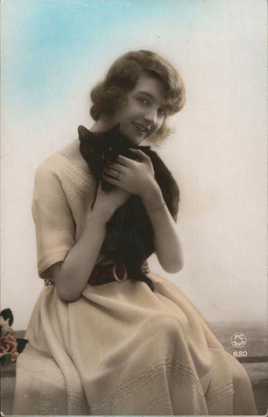 Woman Holding a Black Cat Art Deco