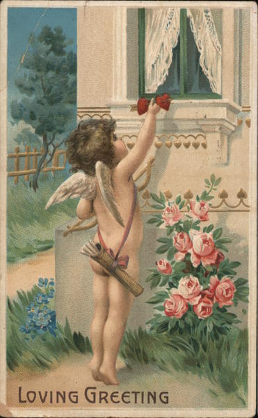 Loving Greeting -- Cupid Putting Hearts on Windowsill