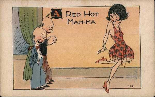 A Red Hot Mam-ma, Two Men looking at a Woman Cartoons