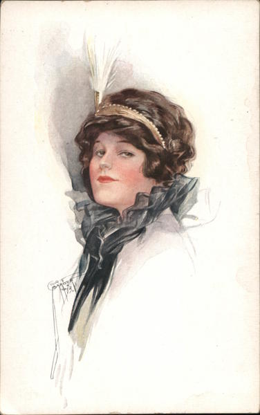 Colored sketch of a brown haired woman wearing a feathered headpiece
