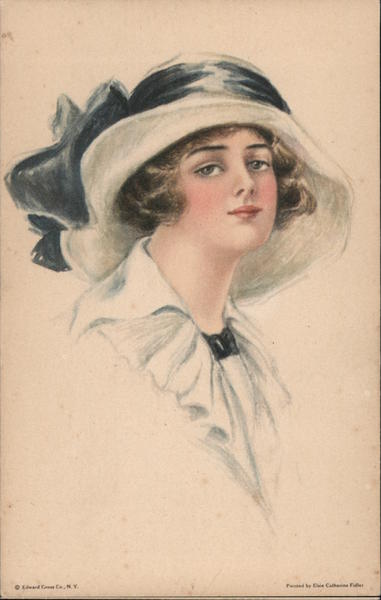 Woman Wearing White Hat With Blue Ribbon Artist Signed