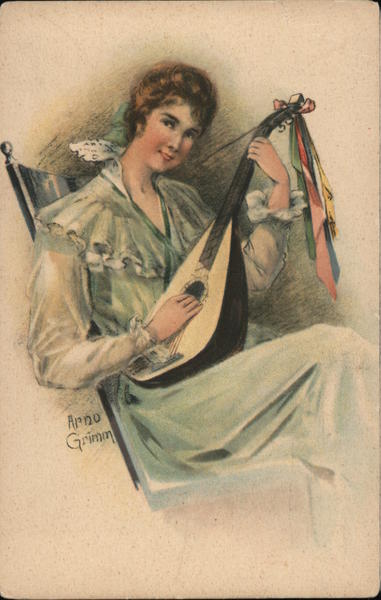 Illustration of Woman Playing Lute - Arno Grimm Artist