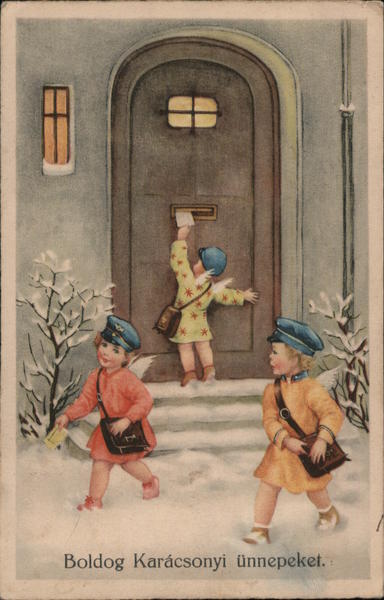 Hungarian Language Merry Christmas - 3 Children Delivering Letters