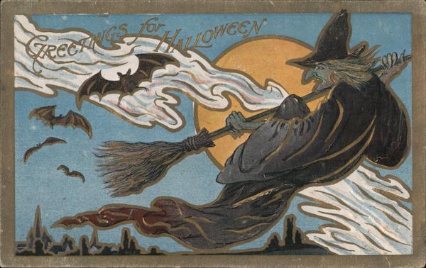 Greetings for Halloween - Witch on a Broom, Full Moon, Bats