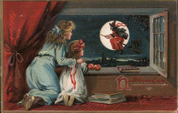 Two Little Girls Looking out a Window at a Witch on a Broom Series 150