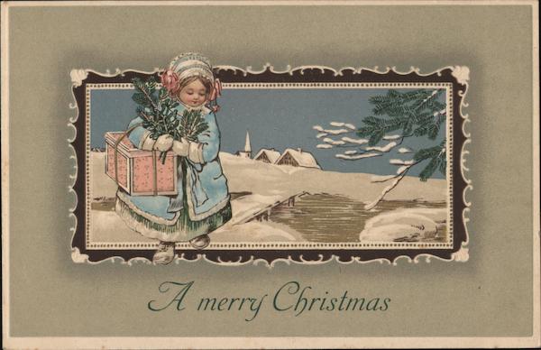 Girl in Baby Blue Coat, Carrying Pink Package - A Merry Christmas