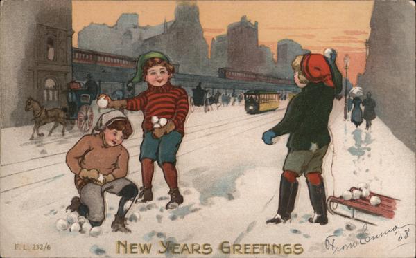 New Years Greetings -- Boys in Snowball Fight in a City