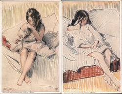 Set of 2: German, Girl on Bed Artist Signed Wera von Bartels Postcard Postcard Postcard