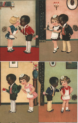 Set of 4: French Black Boy Butler & White Girl Maid Glow in Dark Children Rare Postcard
