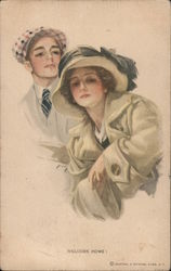 Young man and young woman "Welcome Home!" Harrison Fisher Postcard Postcard Postcard
