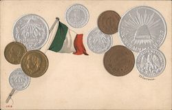 Mexican flag and various Mexican coins on off-white background Postcard