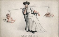 Woman With Imaginary Scale - Balancing Baby or Money - Which Shall It Be? Postcard