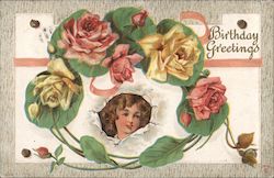 Birthday Greetings -- Roses and Child Postcard