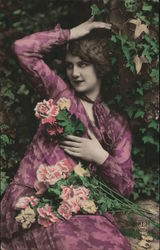 Woman in Purple and Pink Dress with Flowers Postcard