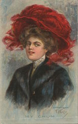 My Chum, Woman in Red Feathered Hat Postcard