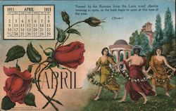 April 1911 Calendar Postcard - Maidens Dancing with Flowers, Roses - Advertising for James A. Johnston Postcard