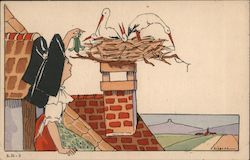 Woman feeding a frog to Storks in a Nest Postcard Postcard Postcard