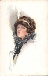 Colored sketch of a brown haired woman wearing a feathered headpiece Artist Signed Postcard Postcard Postcard