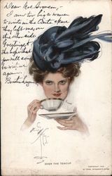 Over the Teacup, Woman in a Big Black Hat Artist Signed Harrison Fisher Postcard