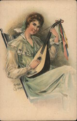 Illustration of Woman Playing Lute - Arno Grimm Artist Postcard