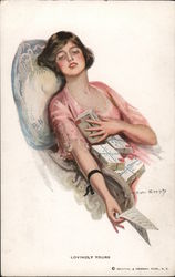 Lovingly Yours - Woman Clutching Pile of Letters - F. Earl Christy Postcard