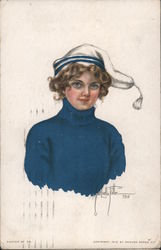 Woman in Blue Sweater and White Hat Postcard