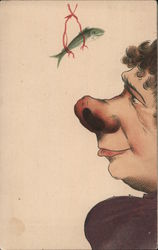 Large nosed man with a small fish dangling above his nose Postcard