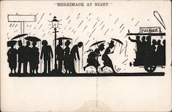 Silhouettes of People Under the Rain Waiting for the Trolley Postcard