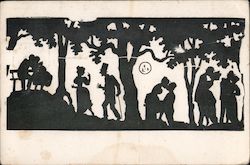 Silhouettes of Couples Kissing in a Forest at Night Postcard