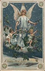 A Happy New Year -- Angels with Holly Angels & Cherubs Postcard Postcard Postcard