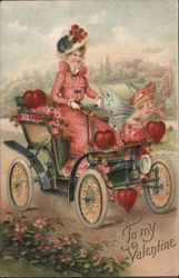 To my Valentine, Woman and Cupid Riding a Car Postcard