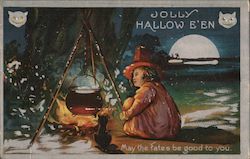 Jolly Halloween -- Child Dressed as Witch with Cauldron and Black Cat Postcard