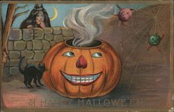 A Happy Halloween -- Jack-o-lantern, Black Cat, and Witch Postcard