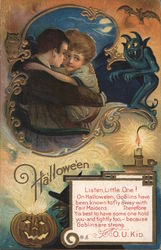 Listen, Little One! On Halloween, Goblins have been known to fly away with Fair Maidens. Postcard
