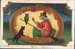 The Mysteries of Halloween -- Witch and Owl Sitting in Pumpkin Postcard