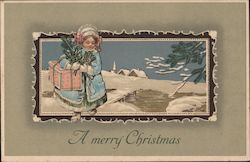 Girl in Baby Blue Coat, Carrying Pink Package - A Merry Christmas Postcard