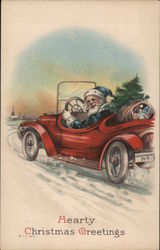Hearty Christmas Greetings -- Santa Driving Red Convertible Postcard