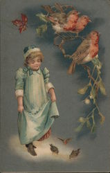 Child with Red Robin Birds Postcard