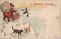 Christmas Greetings - Santa on Rooftop, Two Cats Conversing Postcard